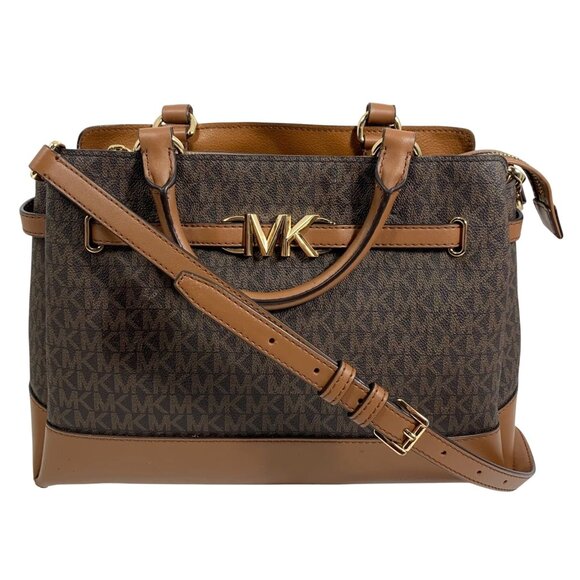 Michael Kors Reed Large Belted Satchel Bag Purse Brown MK Signature Logo FLAW - Picture 1 of 16